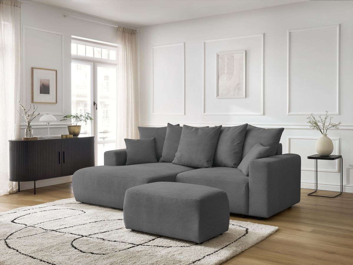 Canapé d'angle convertible coffre ATILLA velours côtelé avec pouf