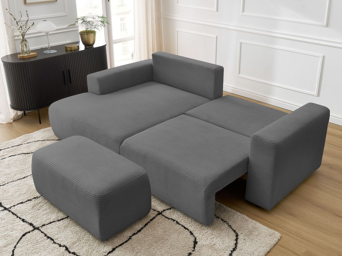 Canapé d'angle convertible coffre ATILLA velours côtelé avec pouf