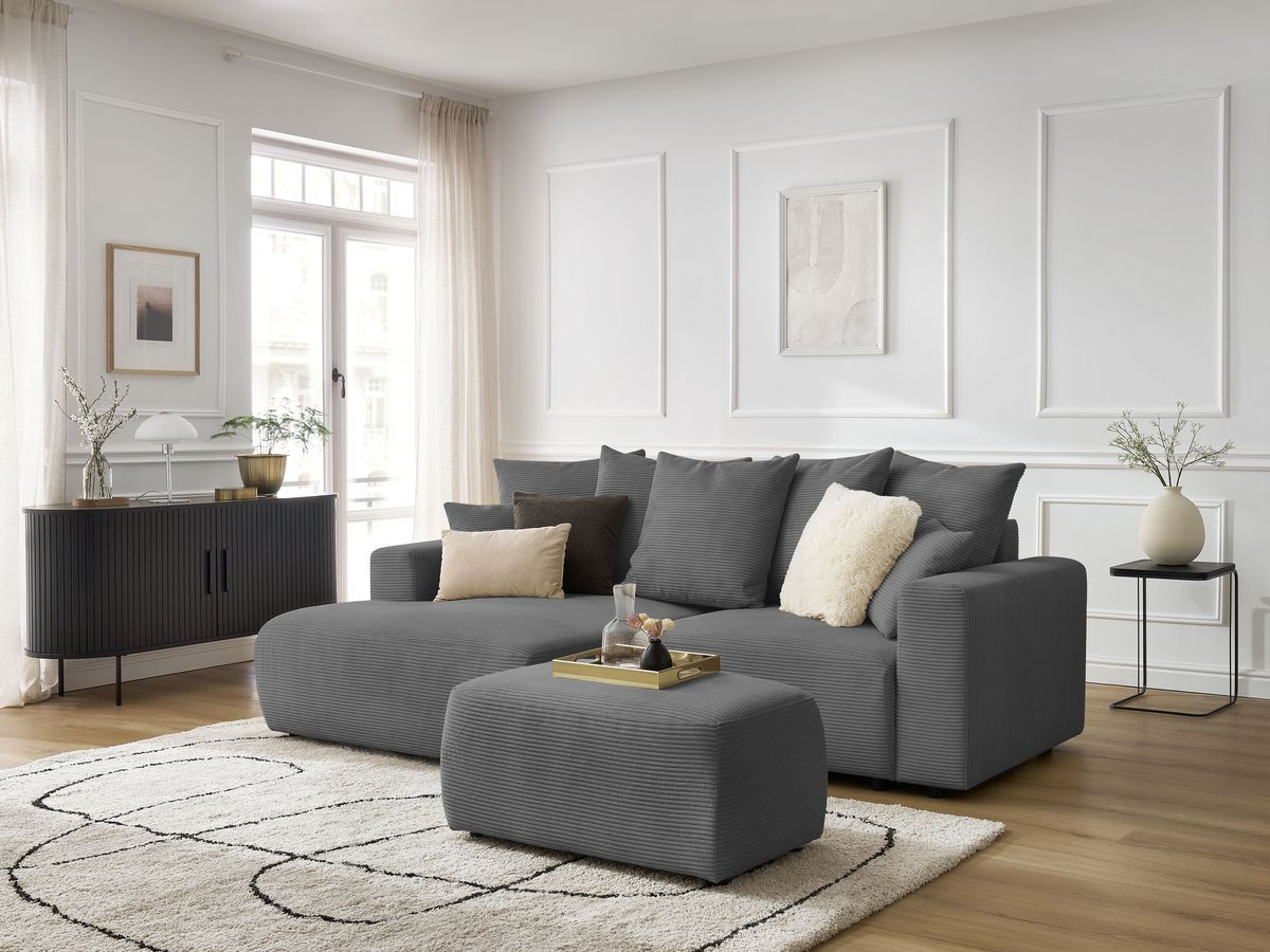 Canapé d'angle convertible coffre ATILLA velours côtelé avec pouf