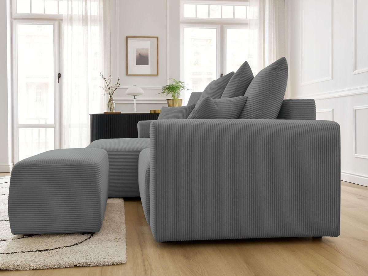 Canapé d'angle convertible coffre ATILLA velours côtelé avec pouf