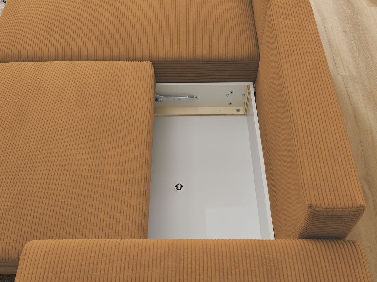 Canapé d'angle convertible coffre ATILLA velours côtelé avec pouf