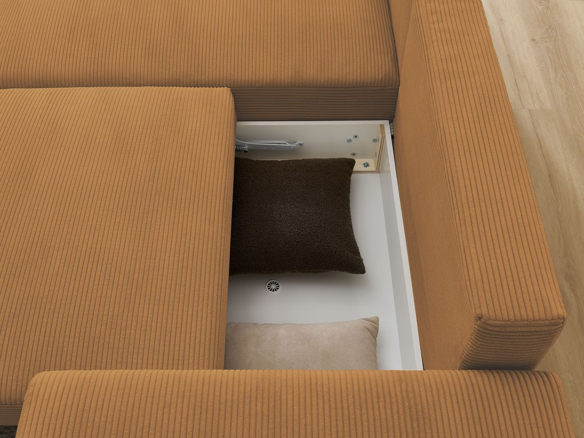 Canapé d'angle convertible coffre ATILLA velours côtelé avec pouf