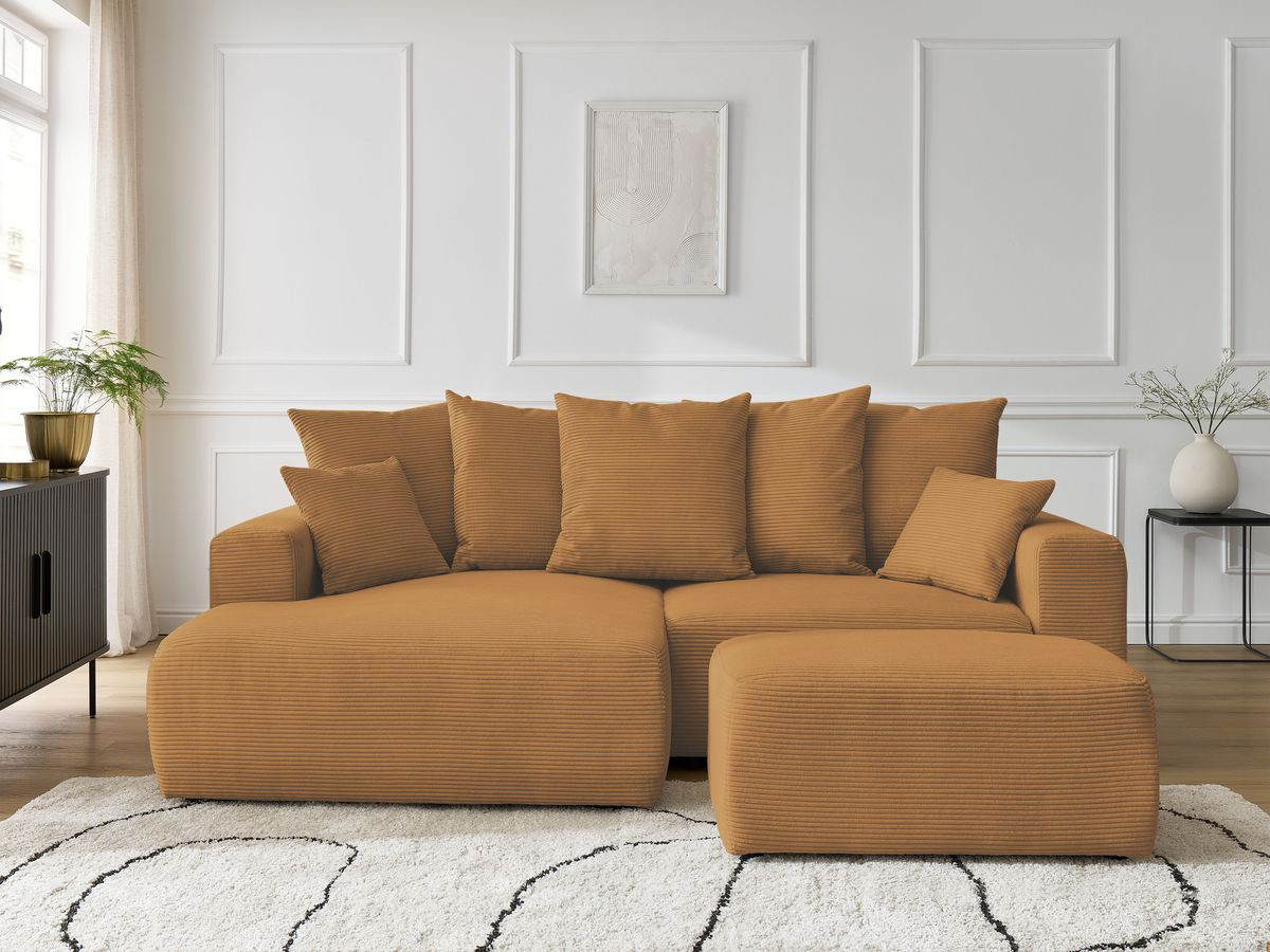 Canapé d'angle convertible coffre ATILLA velours côtelé avec pouf jaune angle gauche BOBOCHIC 4 places - Vue supplémentaire 3