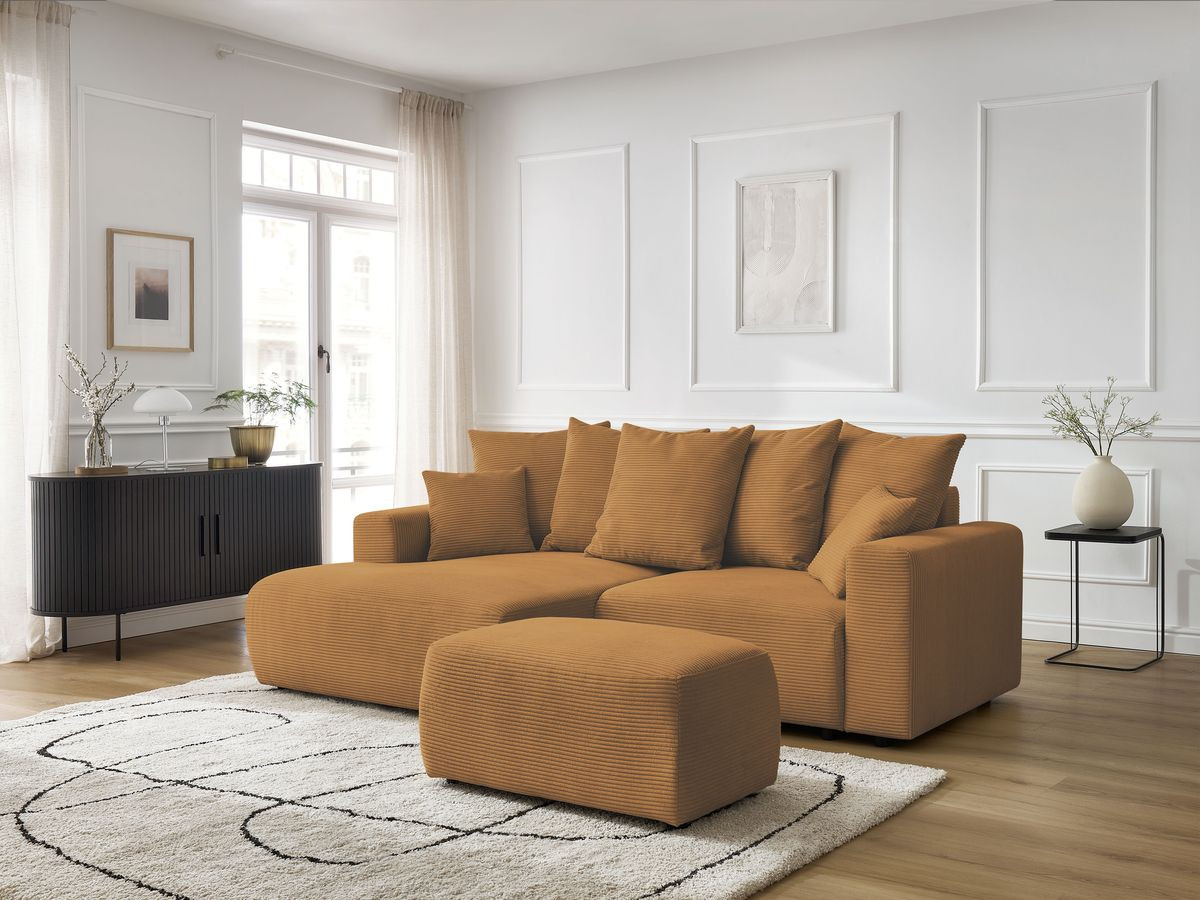 Canapé d'angle convertible coffre ATILLA velours côtelé avec pouf