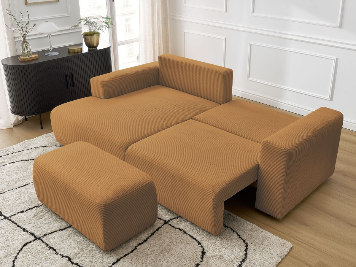 Canapé d'angle convertible coffre ATILLA velours côtelé avec pouf