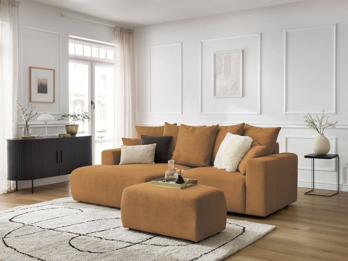 Canapé d'angle convertible coffre ATILLA velours côtelé avec pouf
