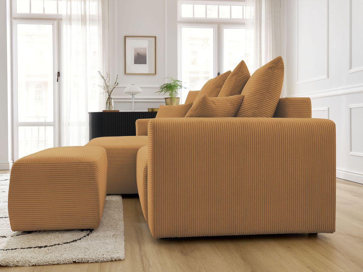 Canapé d'angle convertible coffre ATILLA velours côtelé avec pouf