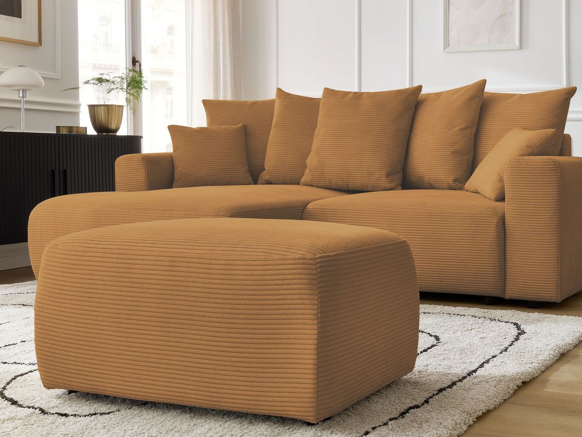 Canapé d'angle convertible coffre ATILLA velours côtelé avec pouf