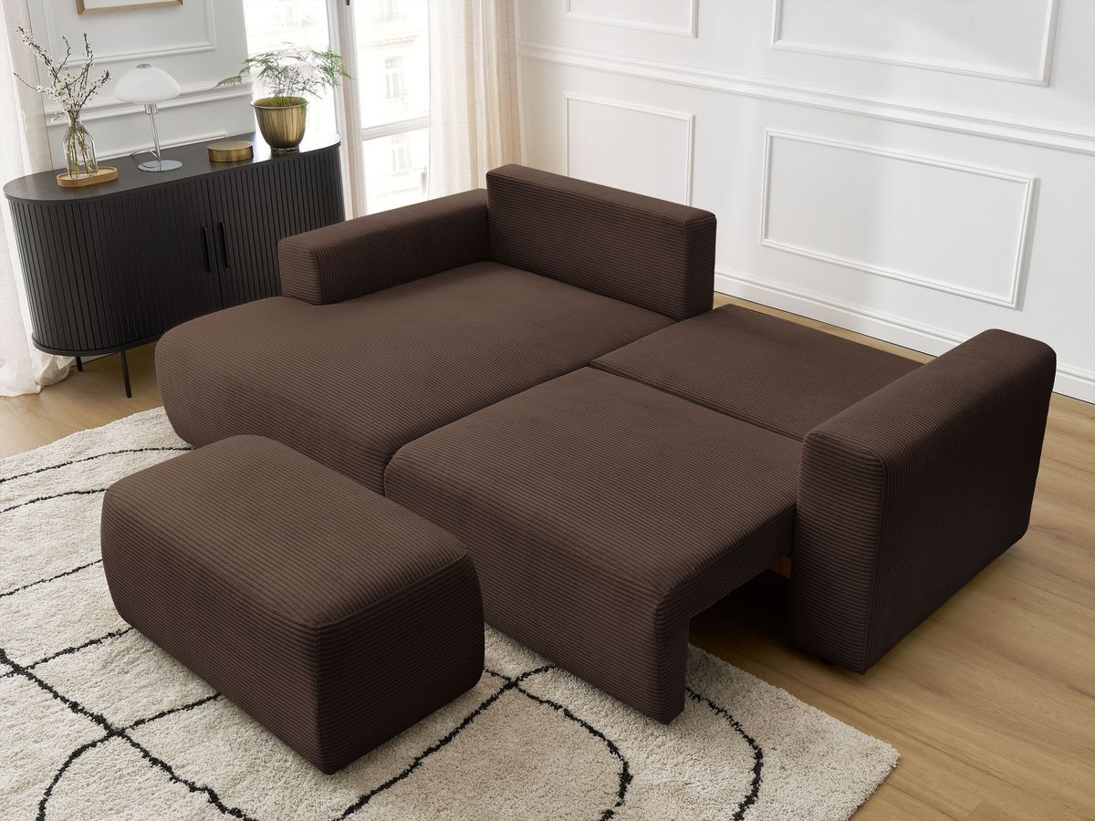 Canapé d'angle convertible coffre ATILLA velours côtelé avec pouf