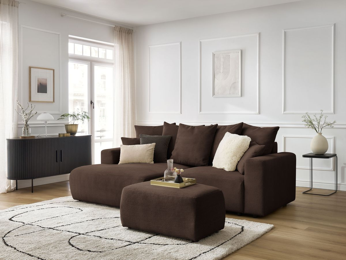 Canapé d'angle convertible coffre ATILLA velours côtelé avec pouf