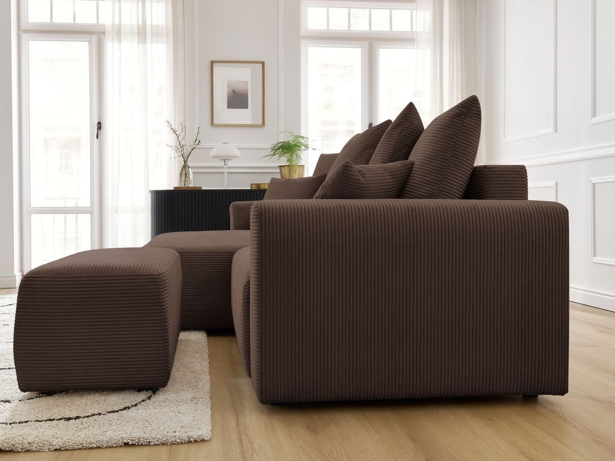 Canapé d'angle convertible coffre ATILLA velours côtelé avec pouf
