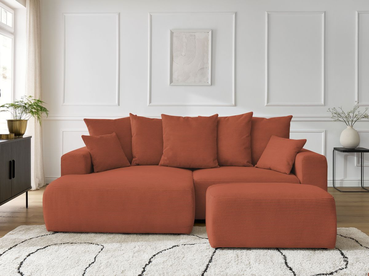 Canapé d'angle convertible coffre ATILLA velours côtelé avec pouf orange angle gauche BOBOCHIC 4 places - Vue supplémentaire 3