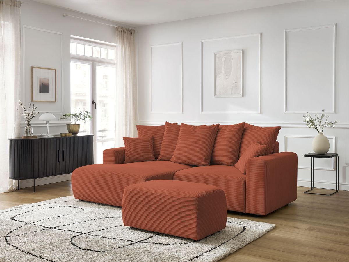 Canapé d'angle convertible coffre ATILLA velours côtelé avec pouf