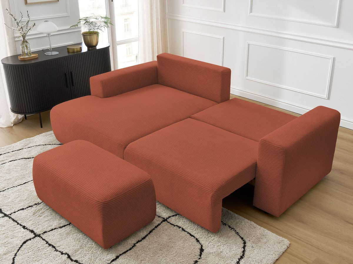 Canapé d'angle convertible coffre ATILLA velours côtelé avec pouf