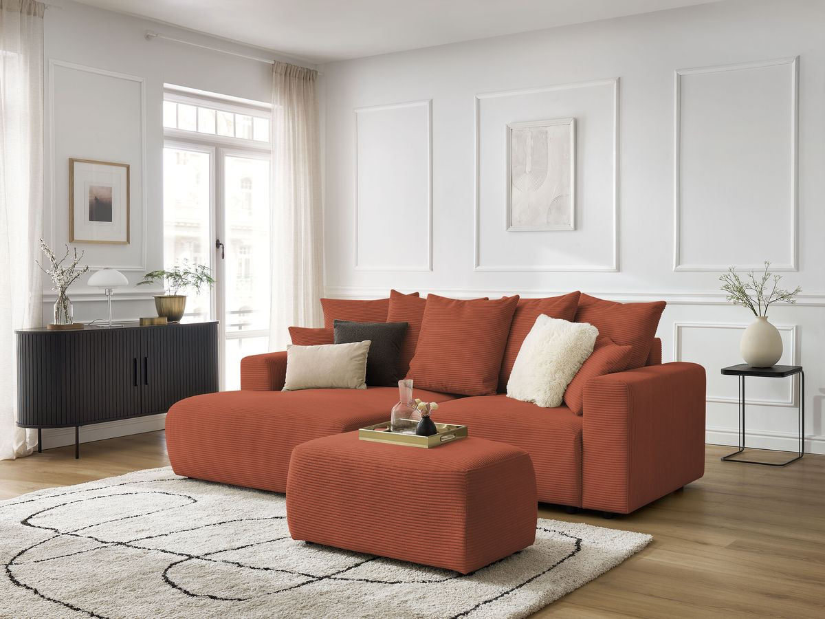 Canapé d'angle convertible coffre ATILLA velours côtelé avec pouf