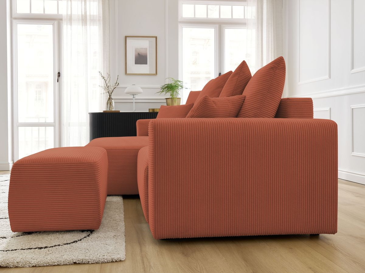 Canapé d'angle convertible coffre ATILLA velours côtelé avec pouf