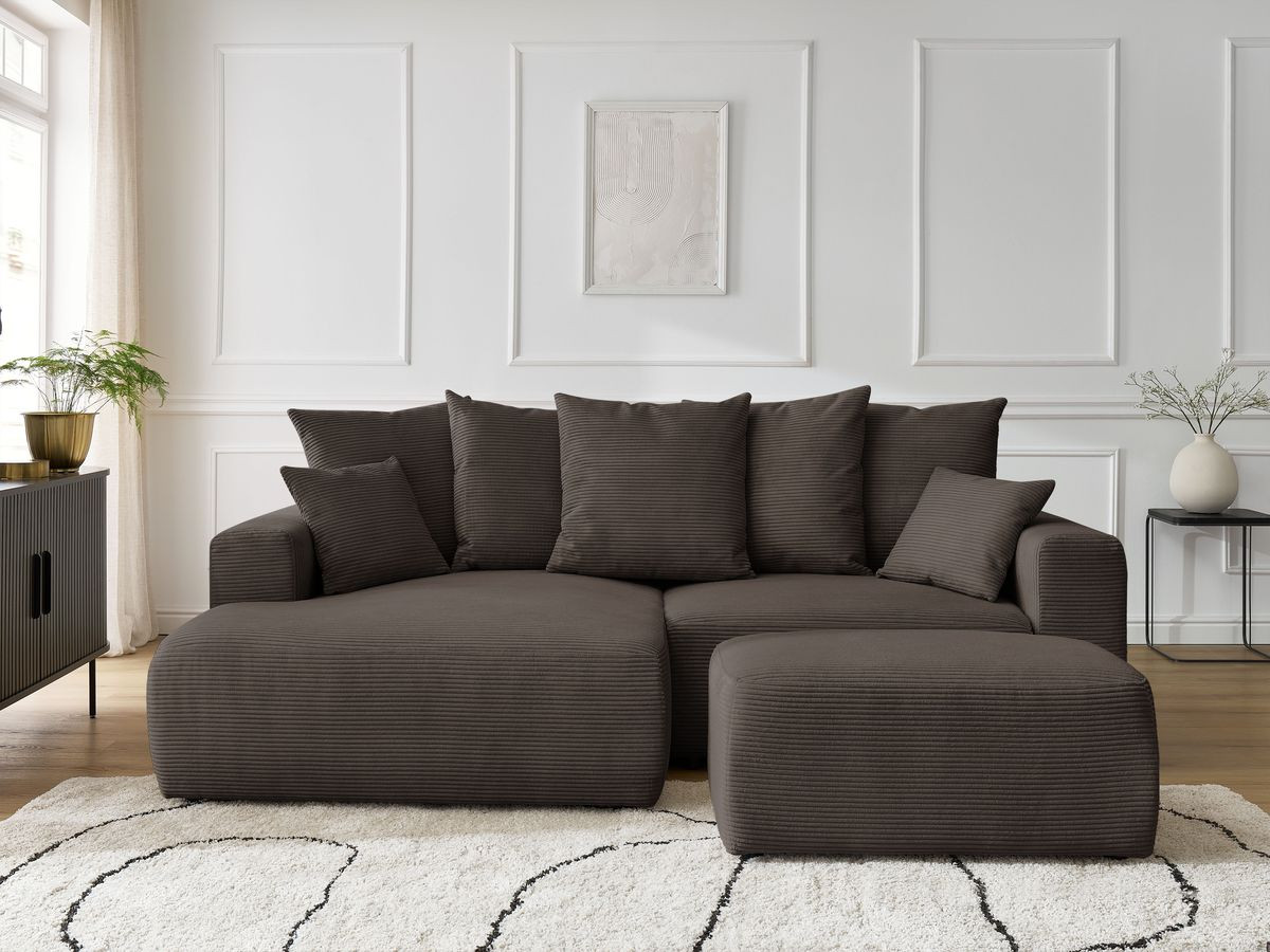 Canapé d'angle convertible coffre ATILLA velours côtelé avec pouf taupe angle gauche BOBOCHIC 4 places - Vue supplémentaire 3