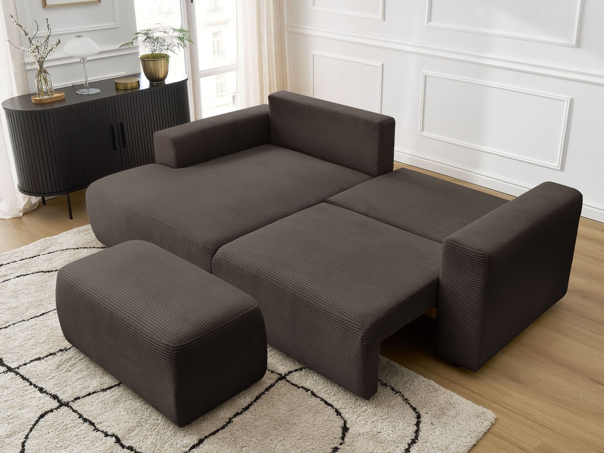 Canapé d'angle convertible coffre ATILLA velours côtelé avec pouf