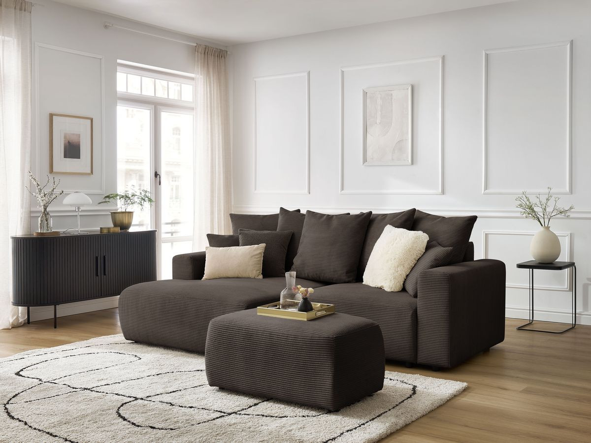 Canapé d'angle convertible coffre ATILLA velours côtelé avec pouf