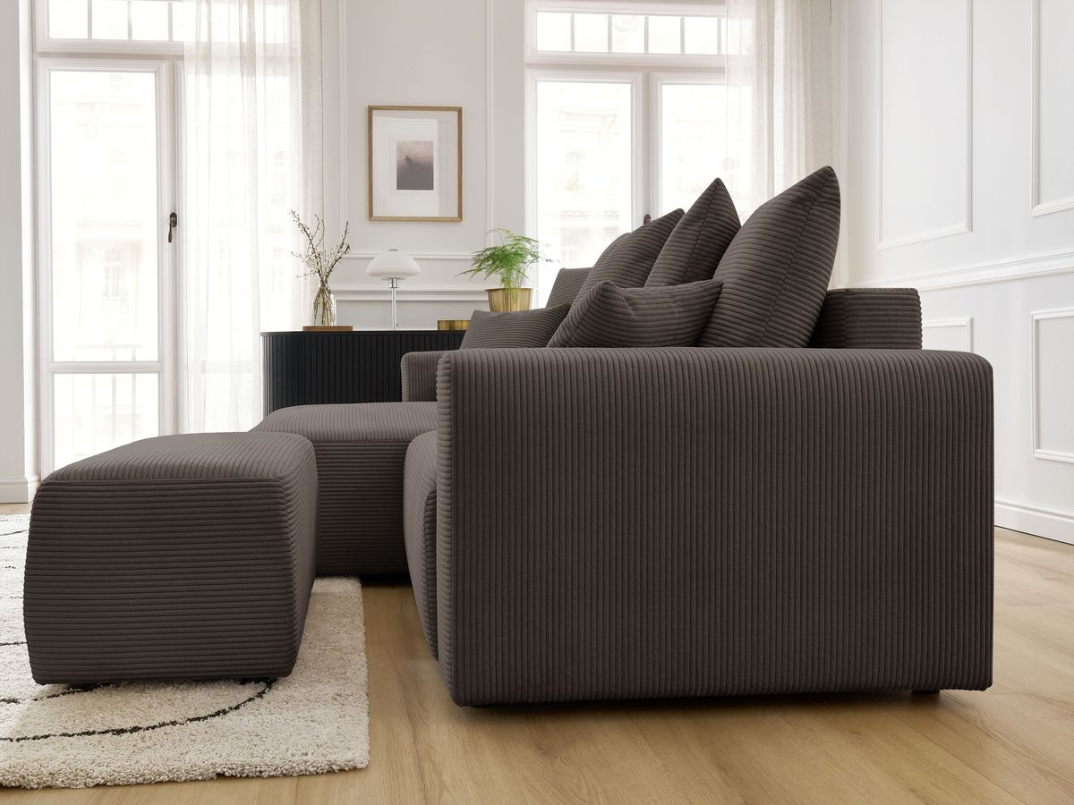Canapé d'angle convertible coffre ATILLA velours côtelé avec pouf