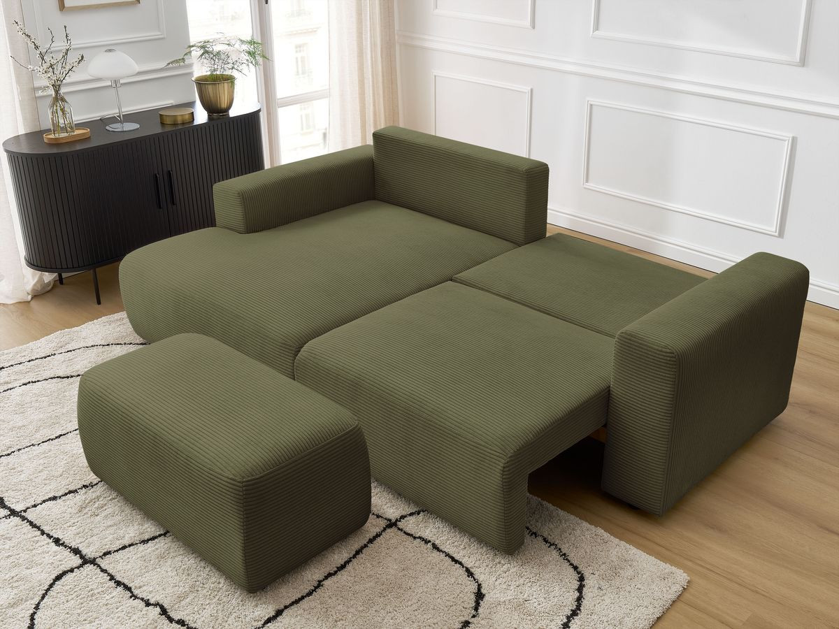 Canapé d'angle convertible coffre ATILLA velours côtelé avec pouf