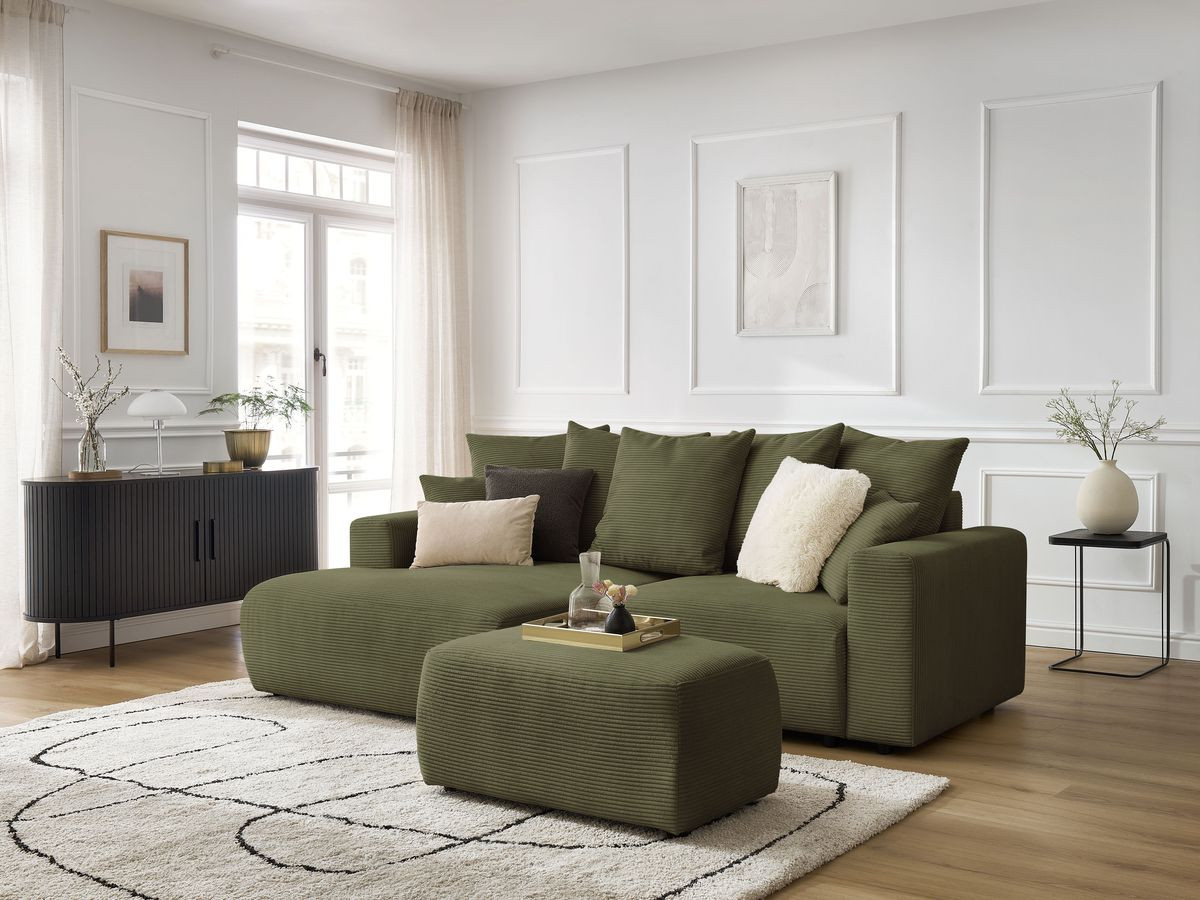 Canapé d'angle convertible coffre ATILLA velours côtelé avec pouf
