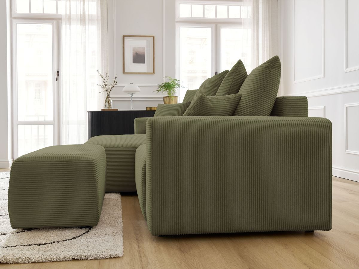 Canapé d'angle convertible coffre ATILLA velours côtelé avec pouf