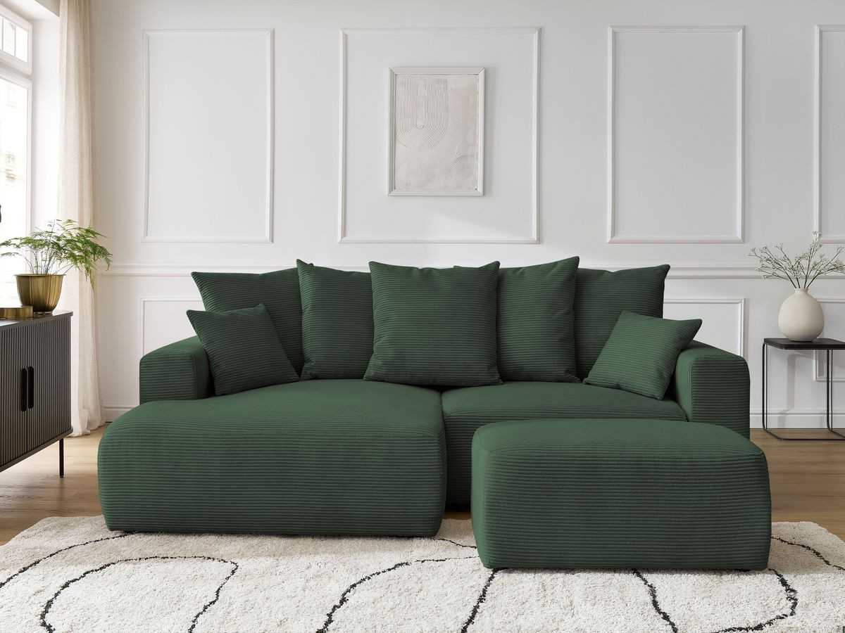 Canapé d'angle convertible coffre ATILLA velours côtelé avec pouf vert foncé angle gauche BOBOCHIC 4 places - Vue supplémentaire 3