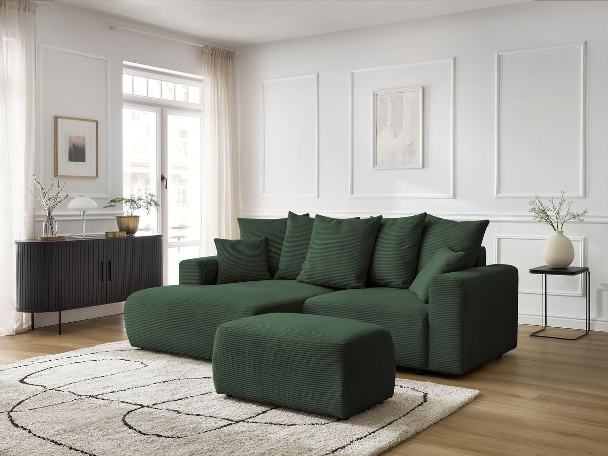 Canapé d'angle convertible coffre ATILLA velours côtelé avec pouf
