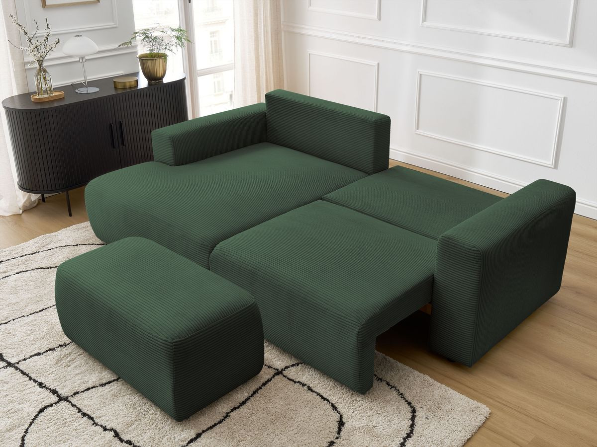 Canapé d'angle convertible coffre ATILLA velours côtelé avec pouf
