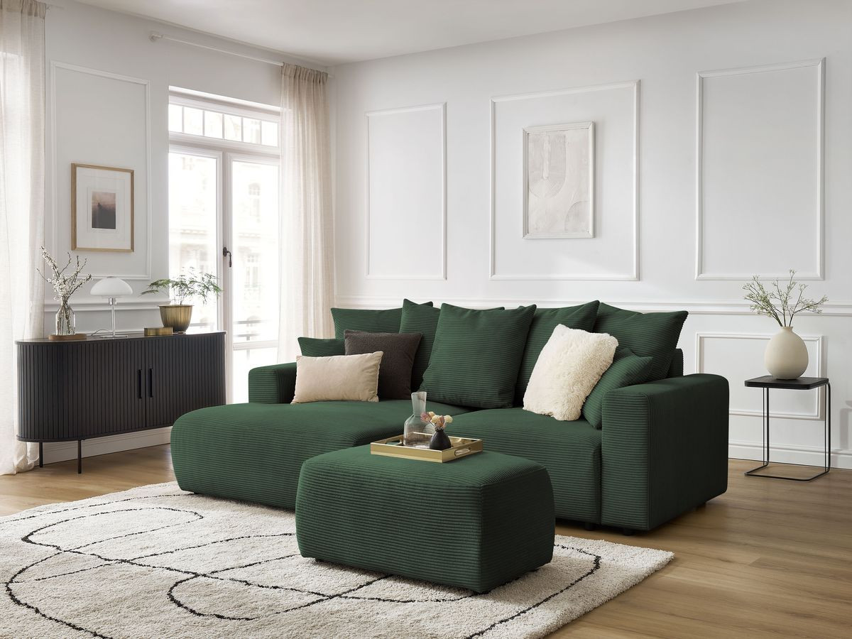 Canapé d'angle convertible coffre ATILLA velours côtelé avec pouf