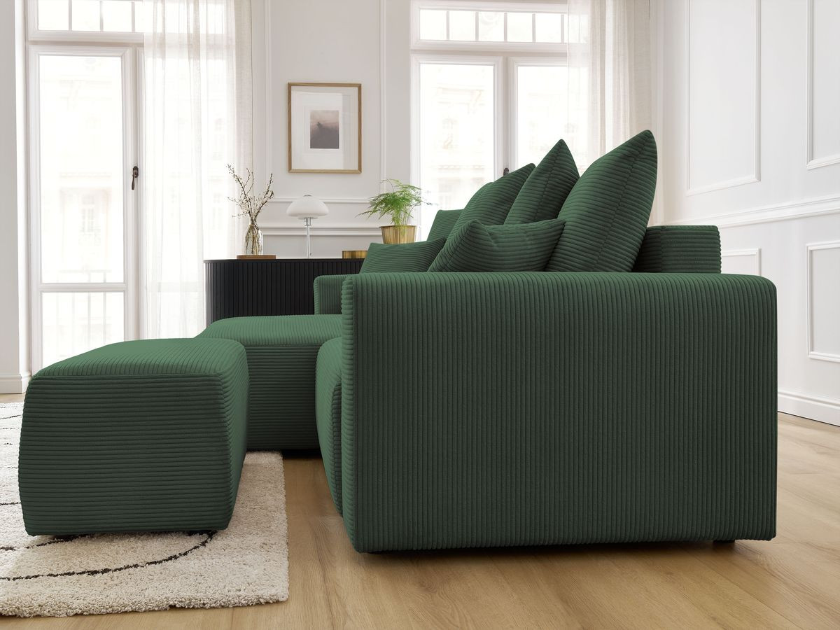 Canapé d'angle convertible coffre ATILLA velours côtelé avec pouf