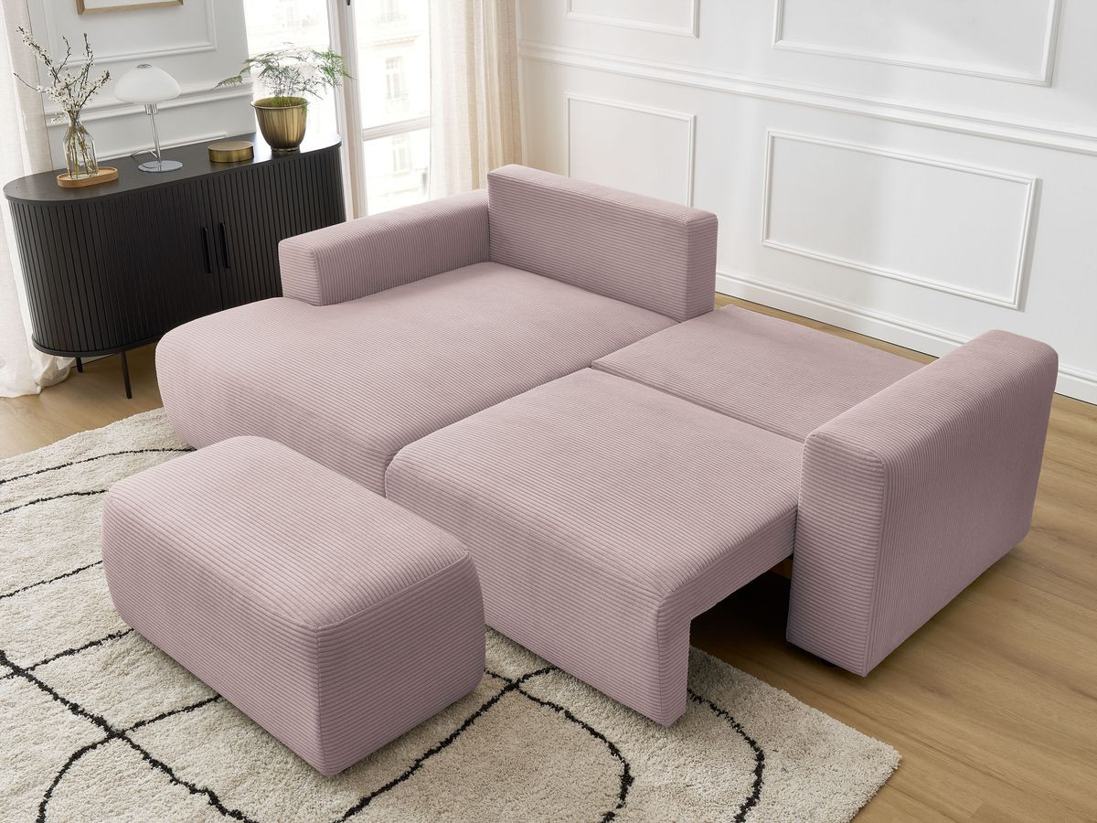 Canapé d'angle convertible coffre ATILLA velours côtelé avec pouf