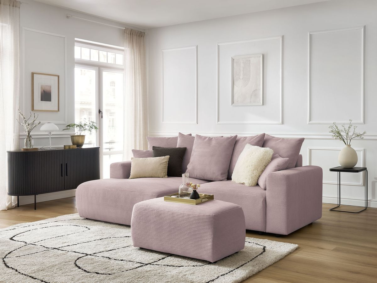 Canapé d'angle convertible coffre ATILLA velours côtelé avec pouf violet  angle gauche BOBOCHIC 4 places