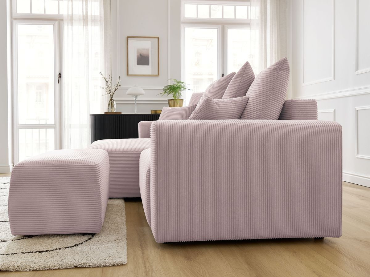 Canapé d'angle convertible coffre ATILLA velours côtelé avec pouf