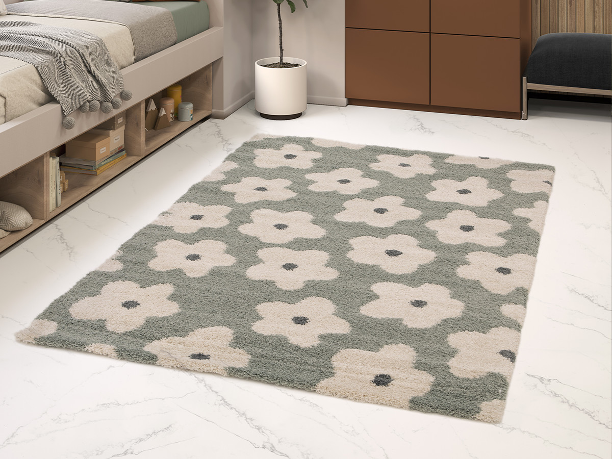 Tapis poils courts SUZY motif fleur bleu — vue 5