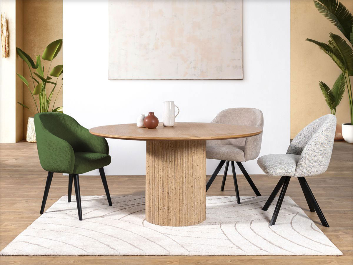 Table à manger D.140 cm BOECIA chêne massif et travertin