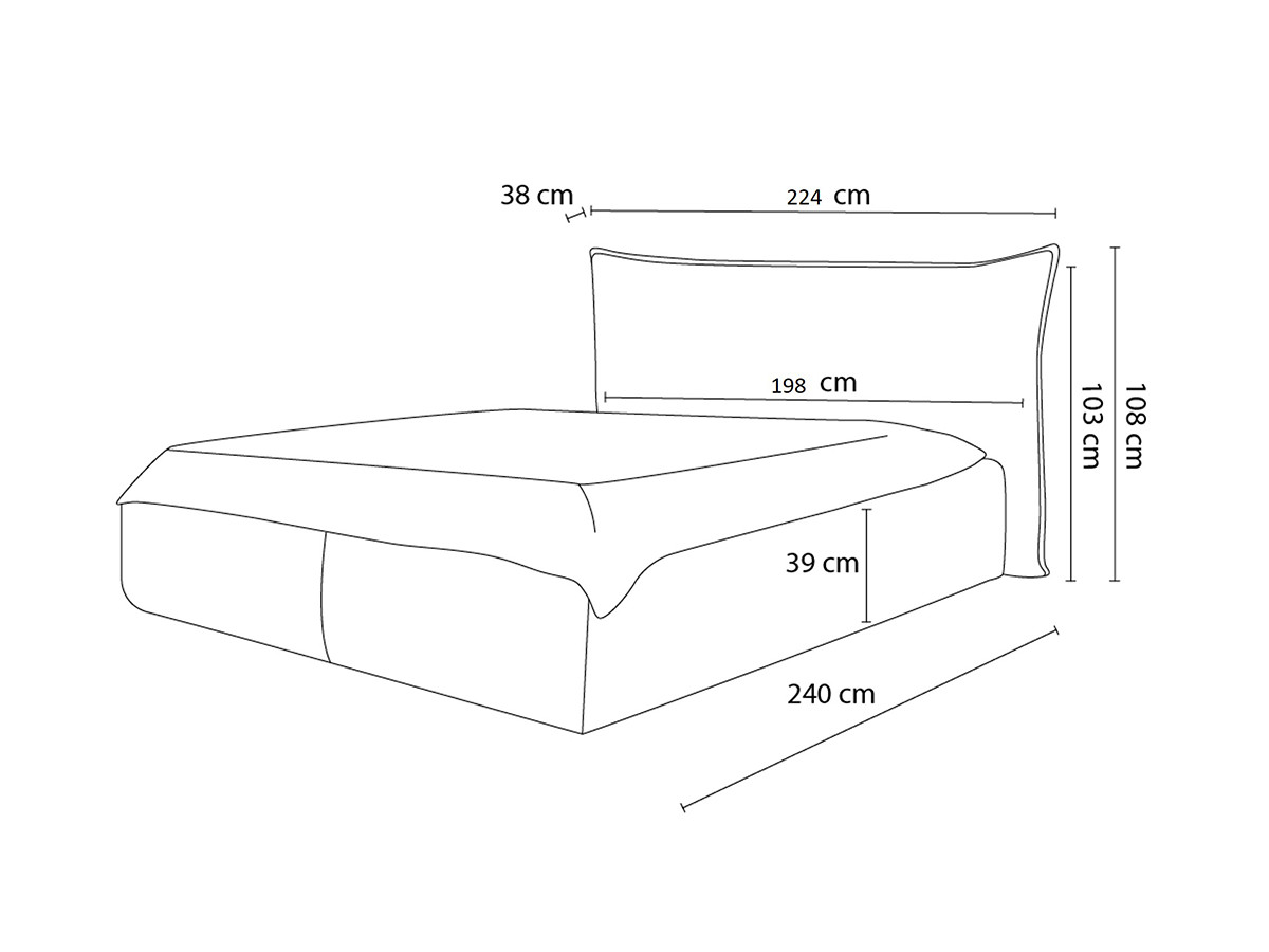 Lit coffre JADE avec tête de lit effet oreiller tissu chenille