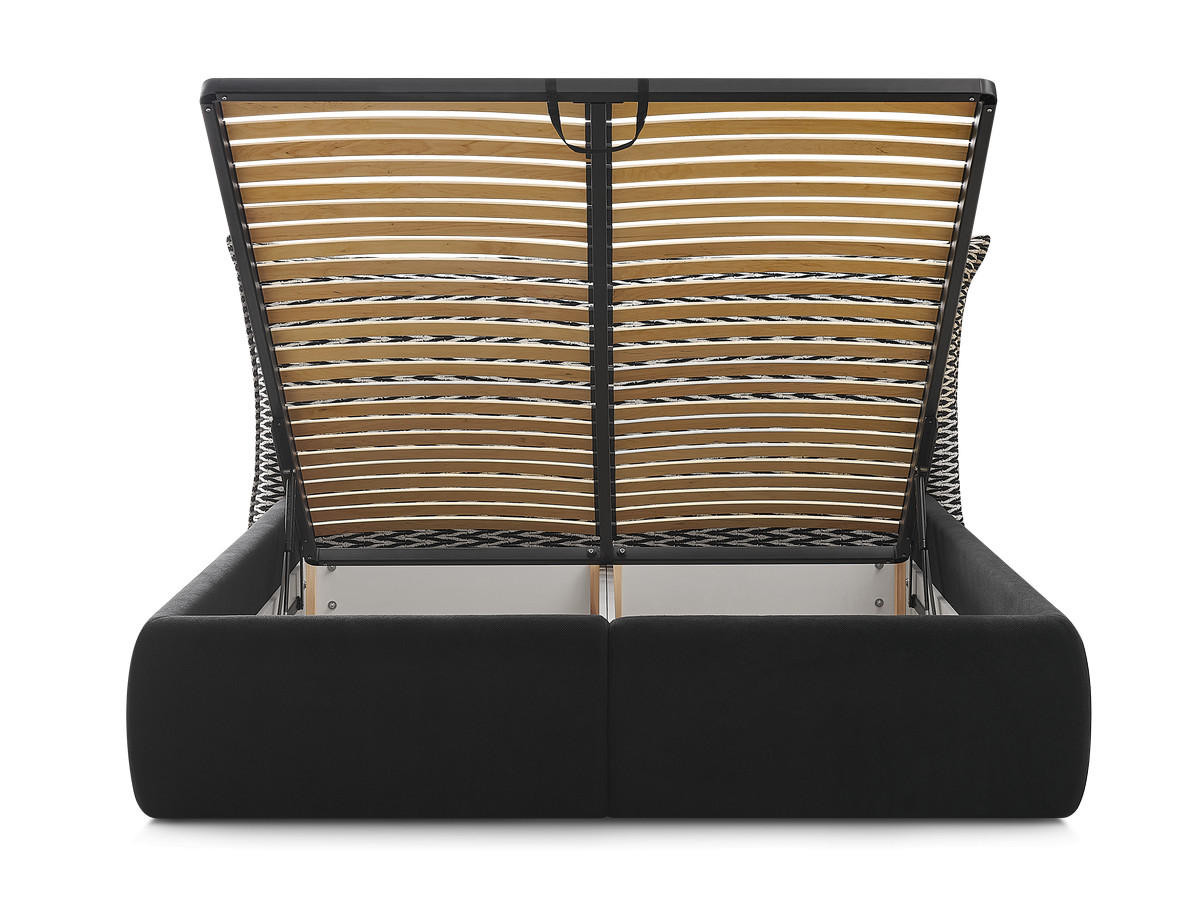 Lit coffre JADE avec tête de lit effet oreiller tissu chenille