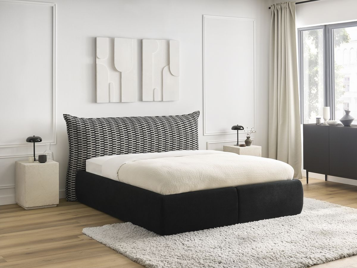 Lit coffre JADE avec tête de lit effet oreiller tissu chenille