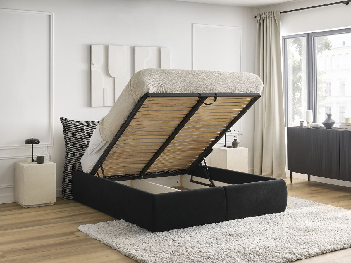 Lit coffre JADE avec tête de lit effet oreiller tissu chenille