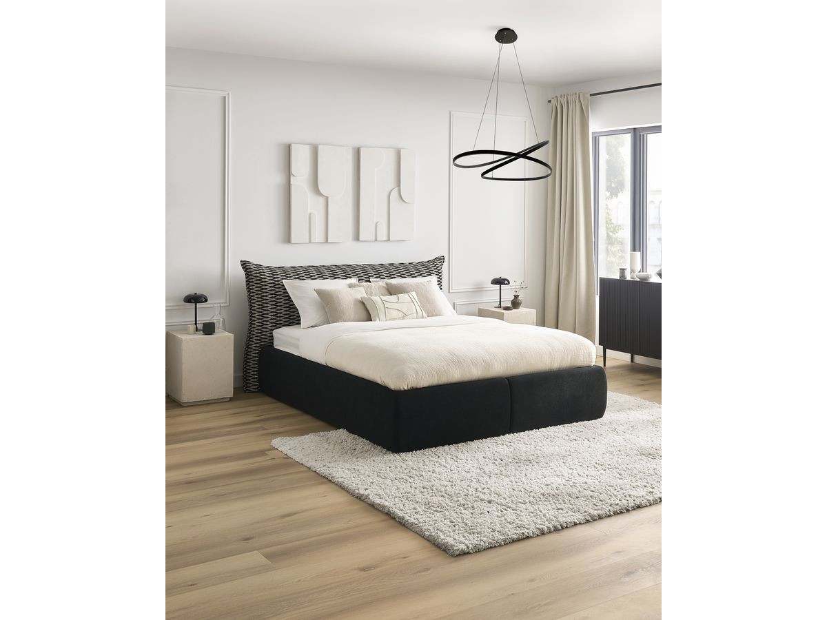 Lit coffre JADE avec tête de lit effet oreiller tissu chenille