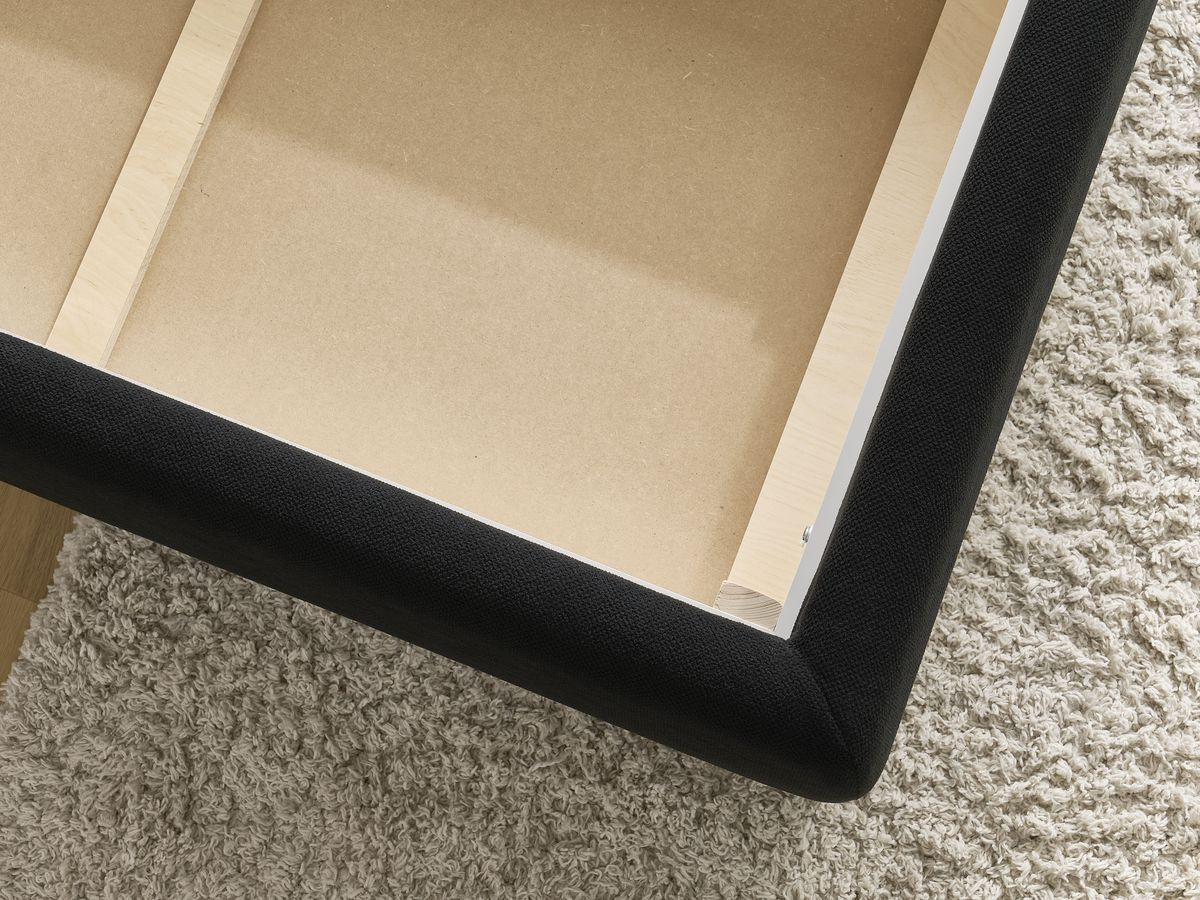Lit coffre JADE avec tête de lit effet oreiller tissu chenille