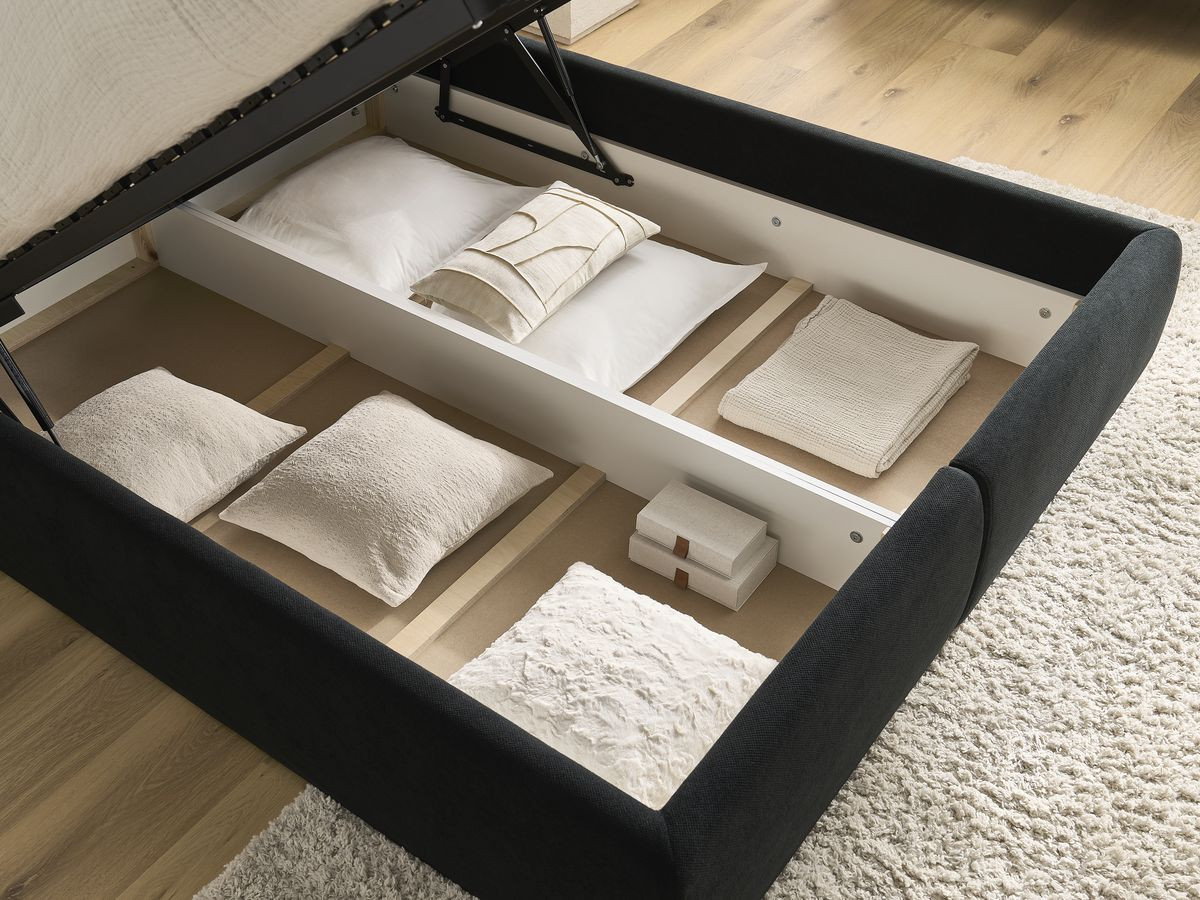 Lit coffre JADE avec tête de lit effet oreiller tissu chenille