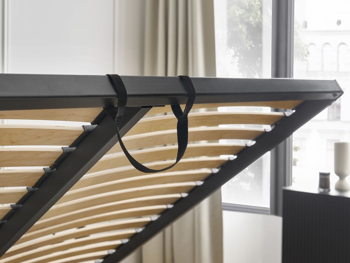 Lit coffre JADE avec tête de lit effet oreiller tissu chenille