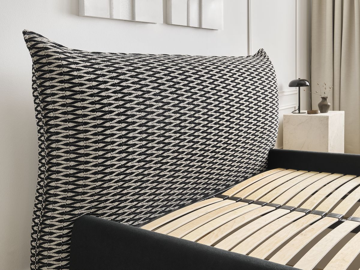 Lit coffre JADE avec tête de lit effet oreiller tissu chenille