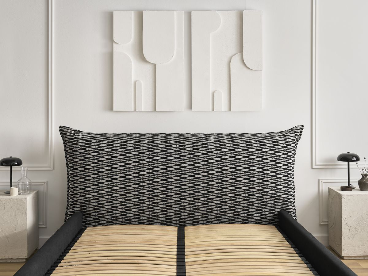 Lit coffre JADE avec tête de lit effet oreiller tissu chenille