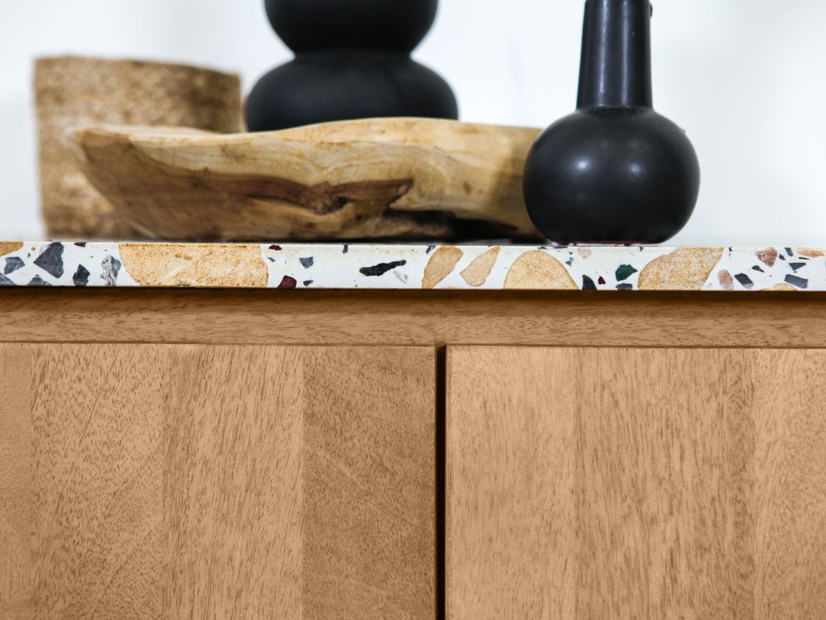 BARBARA 4-deurs dressoir 200 cm massief mangohout en terrazzo