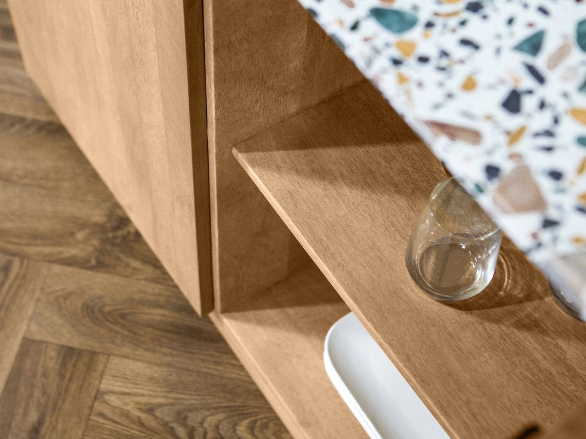 BARBARA 4-deurs dressoir 200 cm massief mangohout en terrazzo