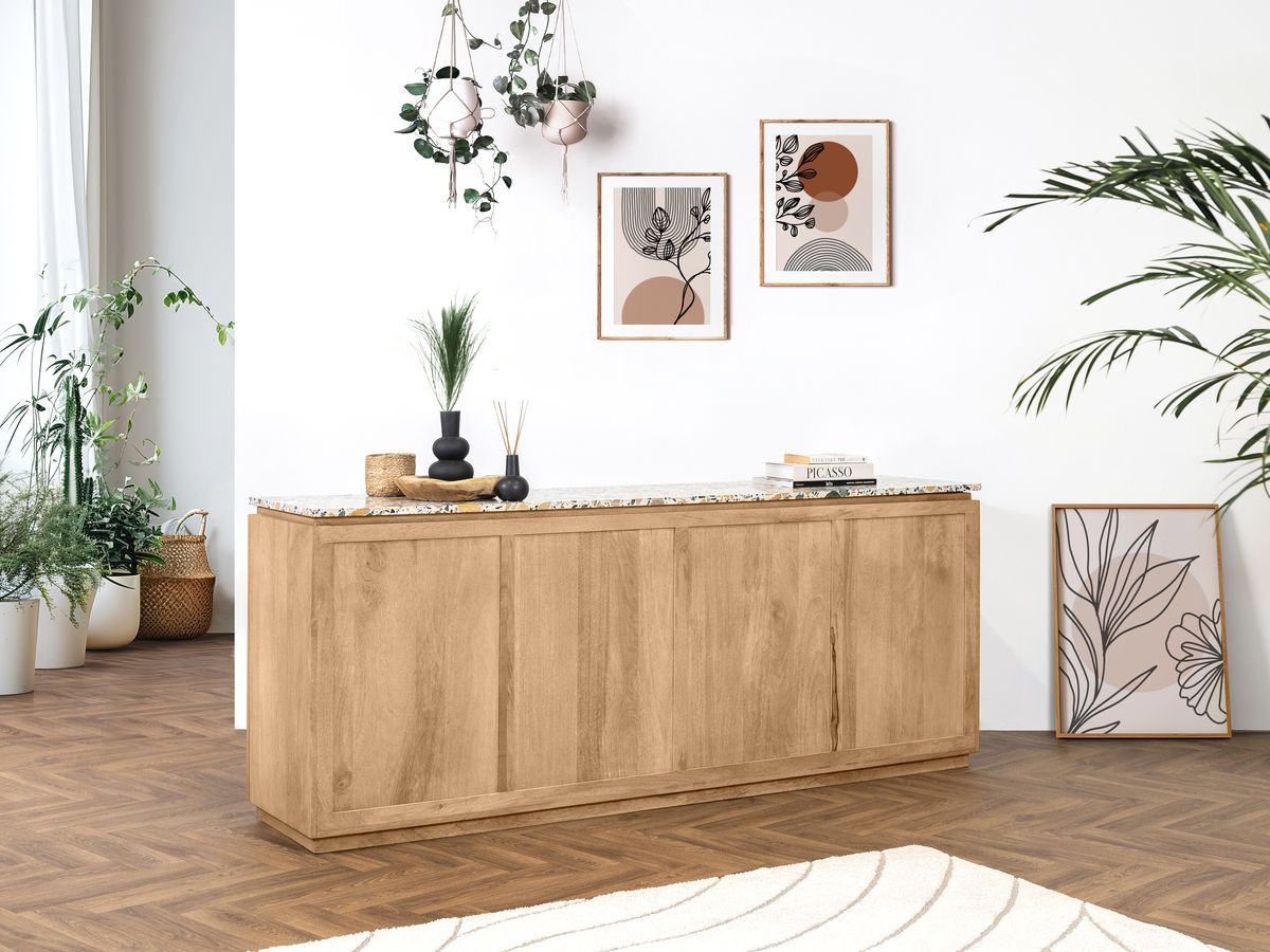 BARBARA 4-deurs dressoir 200 cm massief mangohout en terrazzo